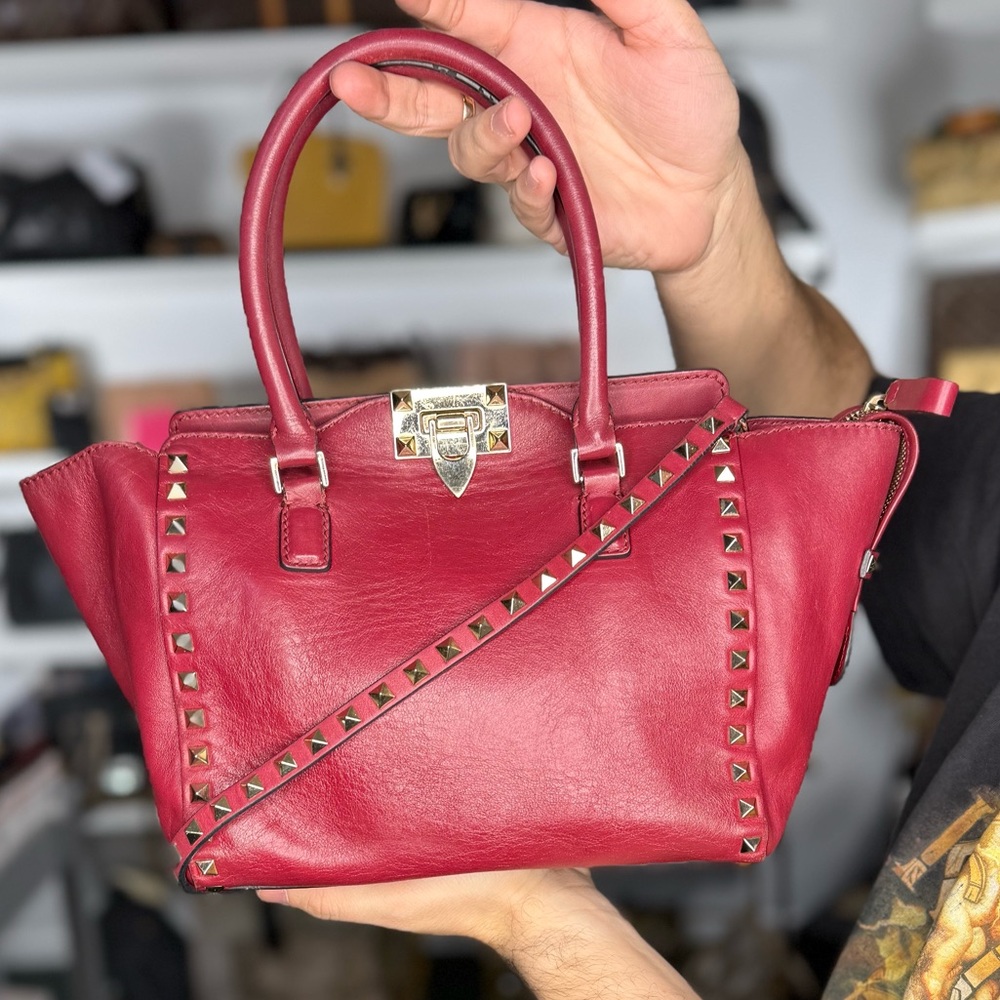 Valentino Garavani Red Rockstud Leather Tote
